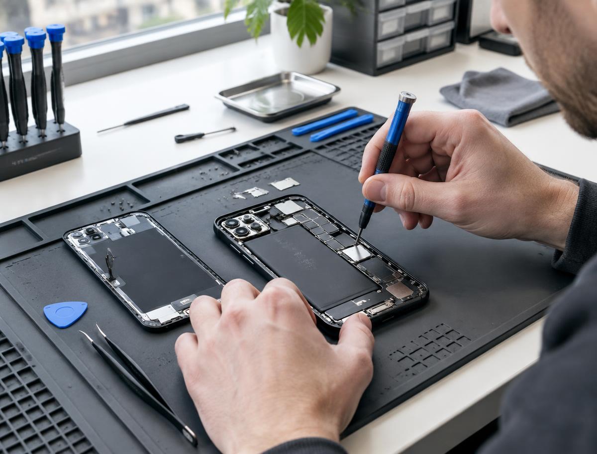 Smartphone-Reparatur an einem geöffneten Gerät in der Werkstatt